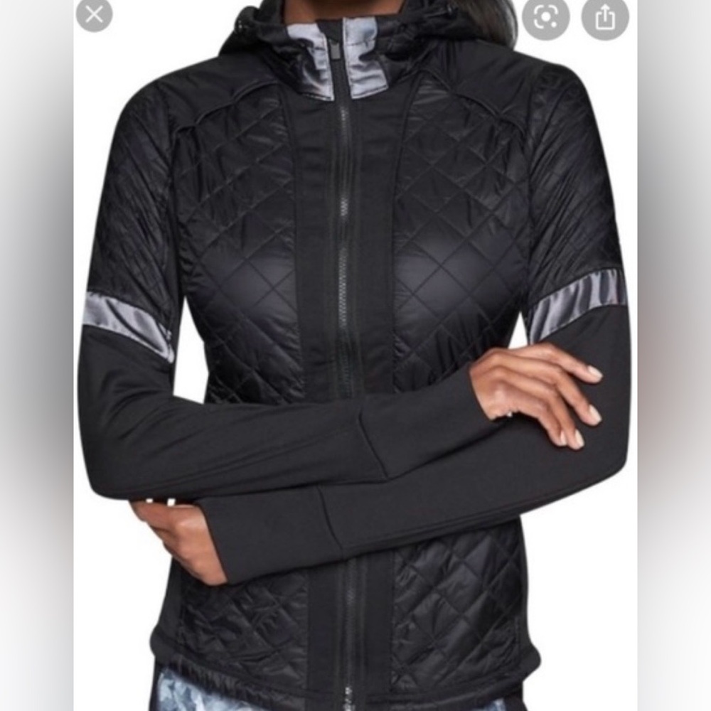 Athleta Rock Springs CYA Jacket Black Quilted Puffer Hooded Reflective 1X Runner - Picture 2 of 5